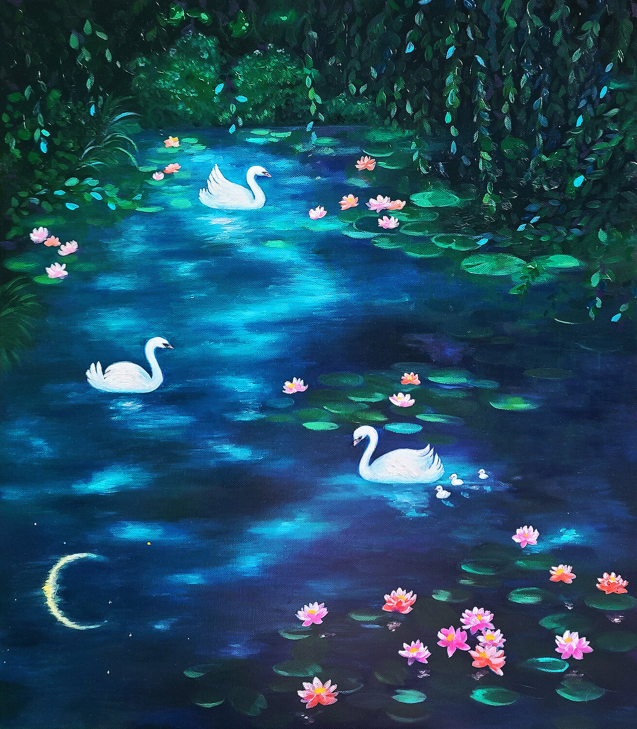 Clair de lune Waterlily pond Eury (Yeahgean) Kim Original painting for sale