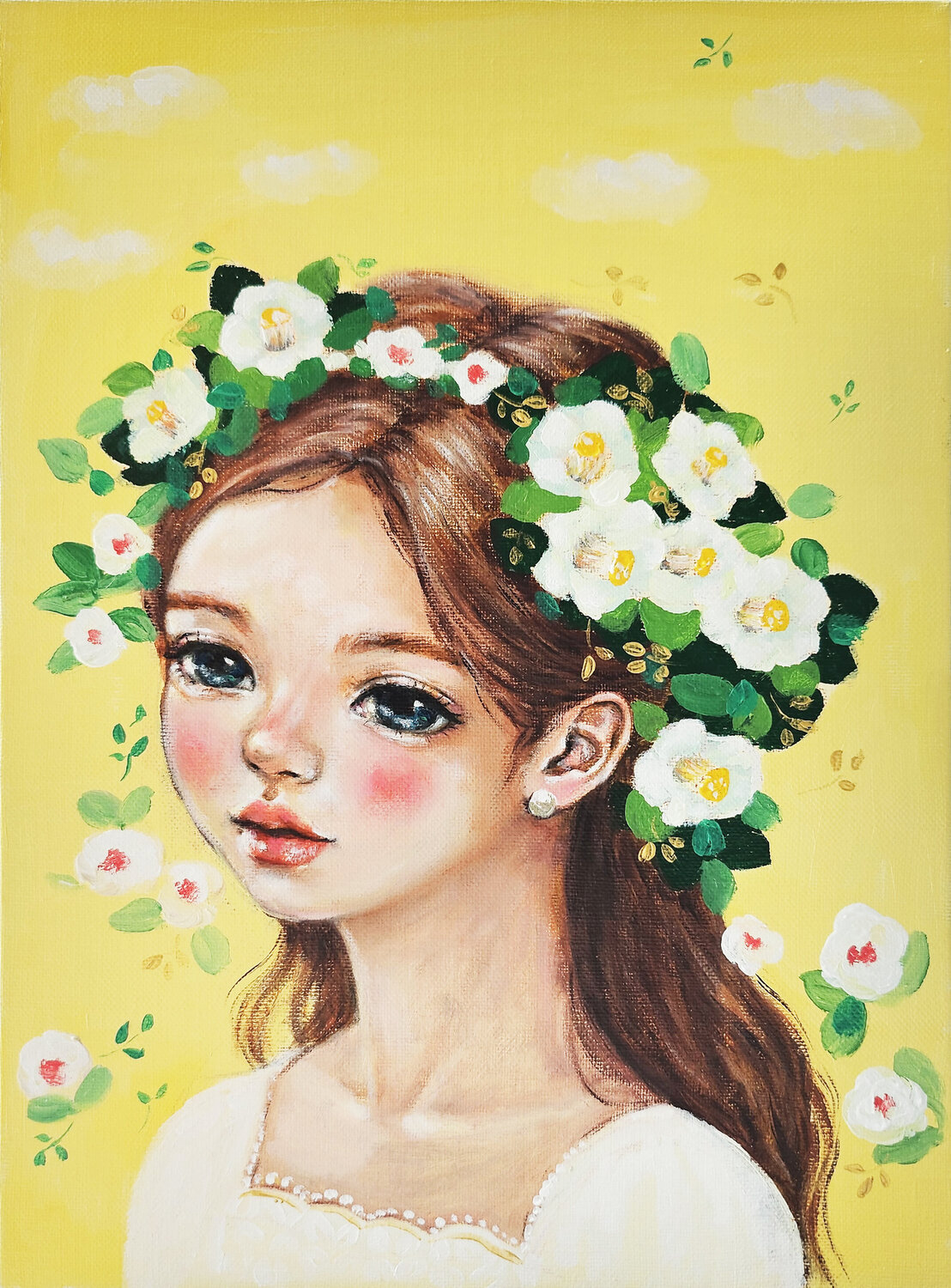 White Camellia girl in Lemon Eury (Yeahgean) Kim Original painting for sale