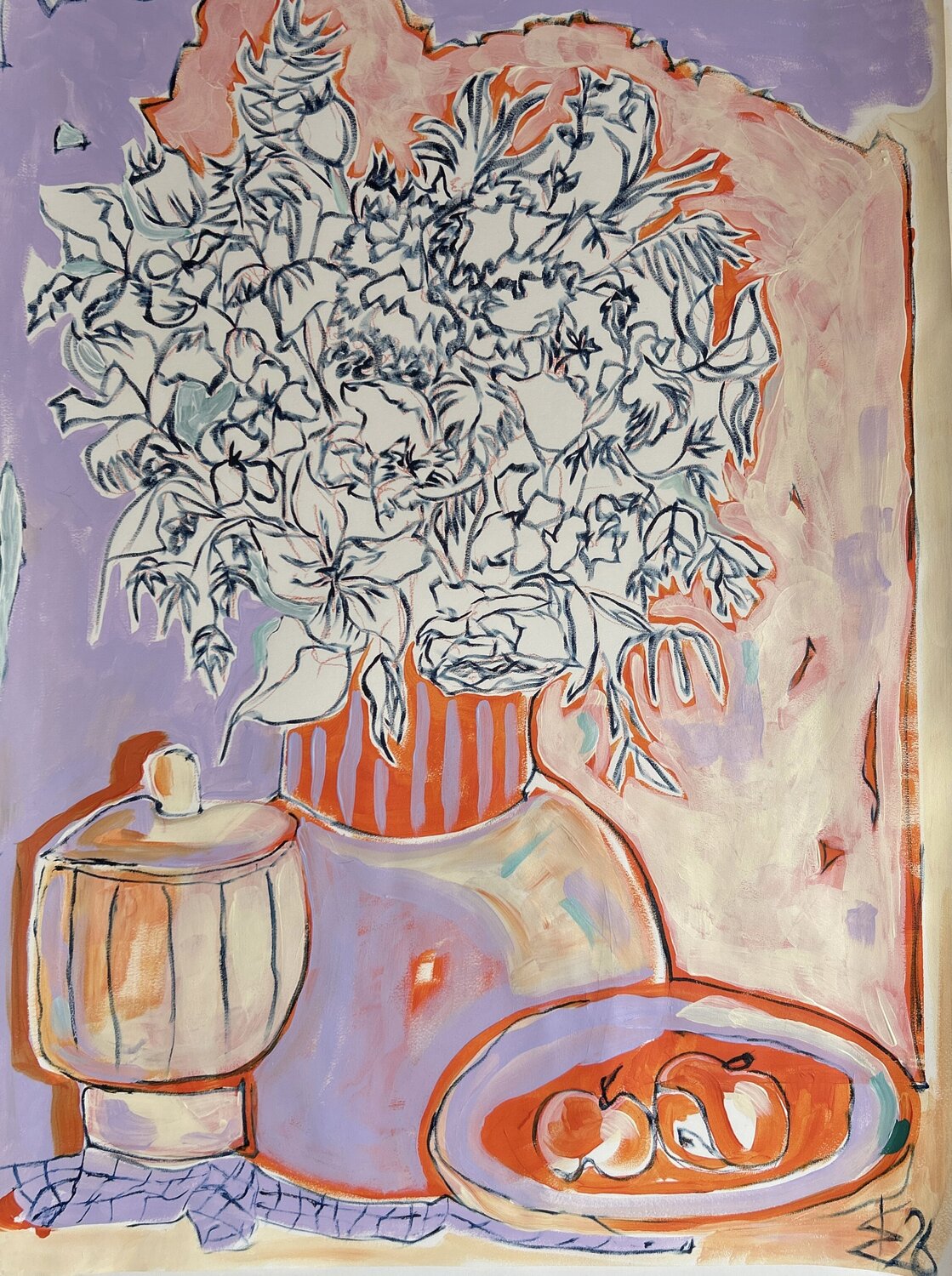 Linie und Vibration II - Orange und Flieder Kristin Weyell Original painting for sale