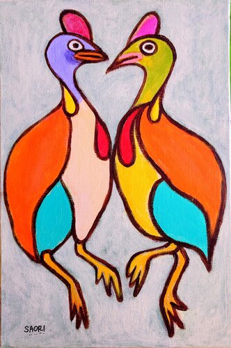Harmonious Dancers: Two Birds by SAORI TRIBE, Painting for Sale on Select