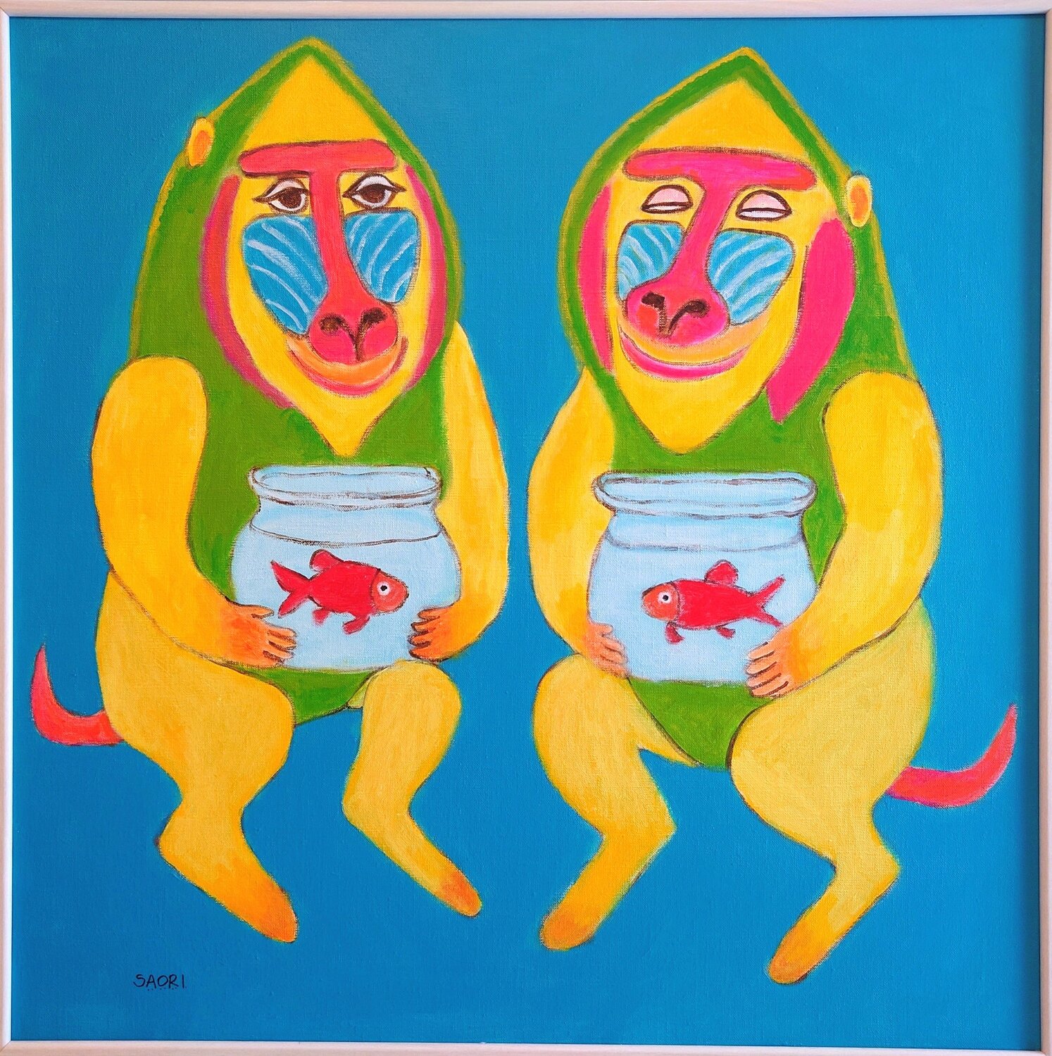 Mandria Aquavelu: The Mandrill Guardians and the Sacred Goldfish SAORI TRIBE Original painting for sale
