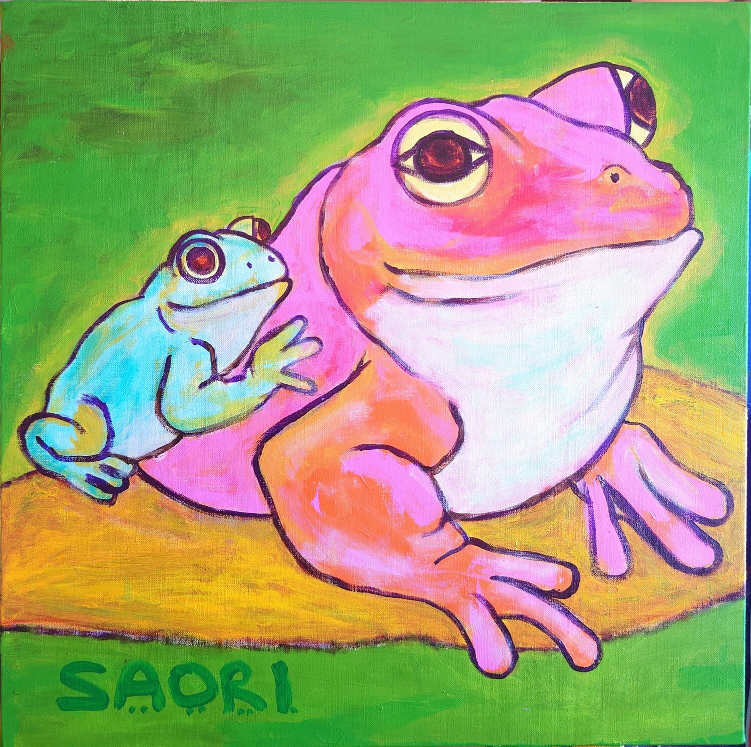 The Frog Parent and Child in the Emerald Forest SAORI TRIBE Original painting for sale