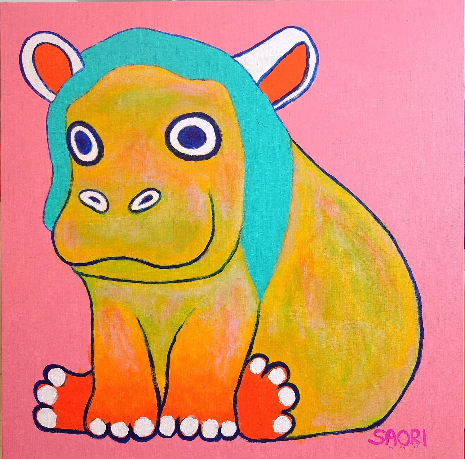 Hippo Pink SAORI TRIBE Original painting for sale