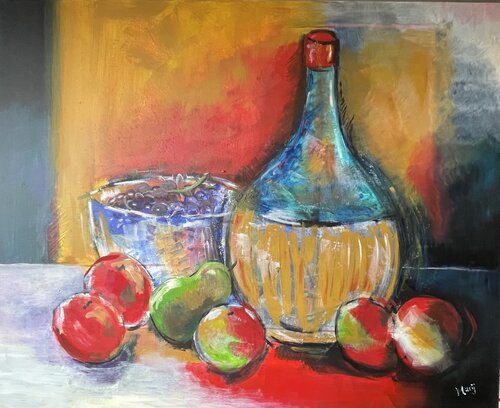 Stillleben mit Chiantiflasche und Obst I by Marij Vervaart, Painting for Sale on Select