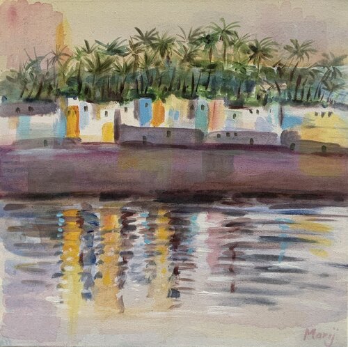 Dorf am Nilufer (Acryl) von Marij Vervaart, Malerei kaufen auf Select