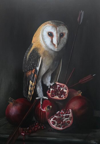 Owl & Pomegranates by Mark Dingemanse, Painting for Sale on Select