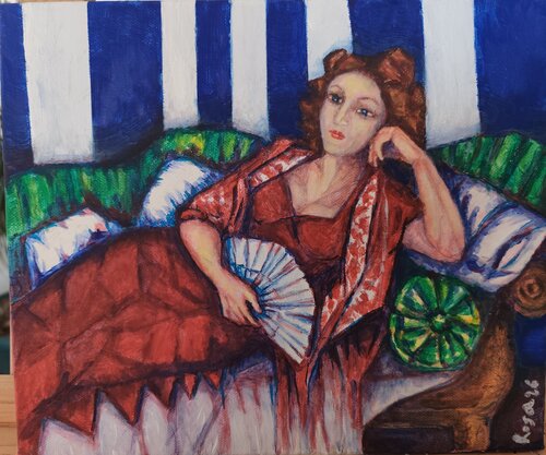 Maja contemporánea en azul y rojo by Rosa Sebastia, Painting for Sale on Select