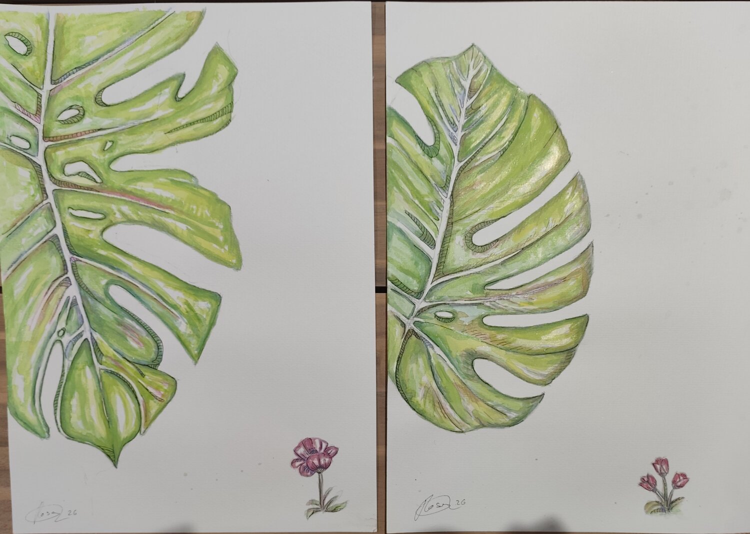 Díptico Monstera - Juego Botánico I Rosa Sebastia Original painting for sale