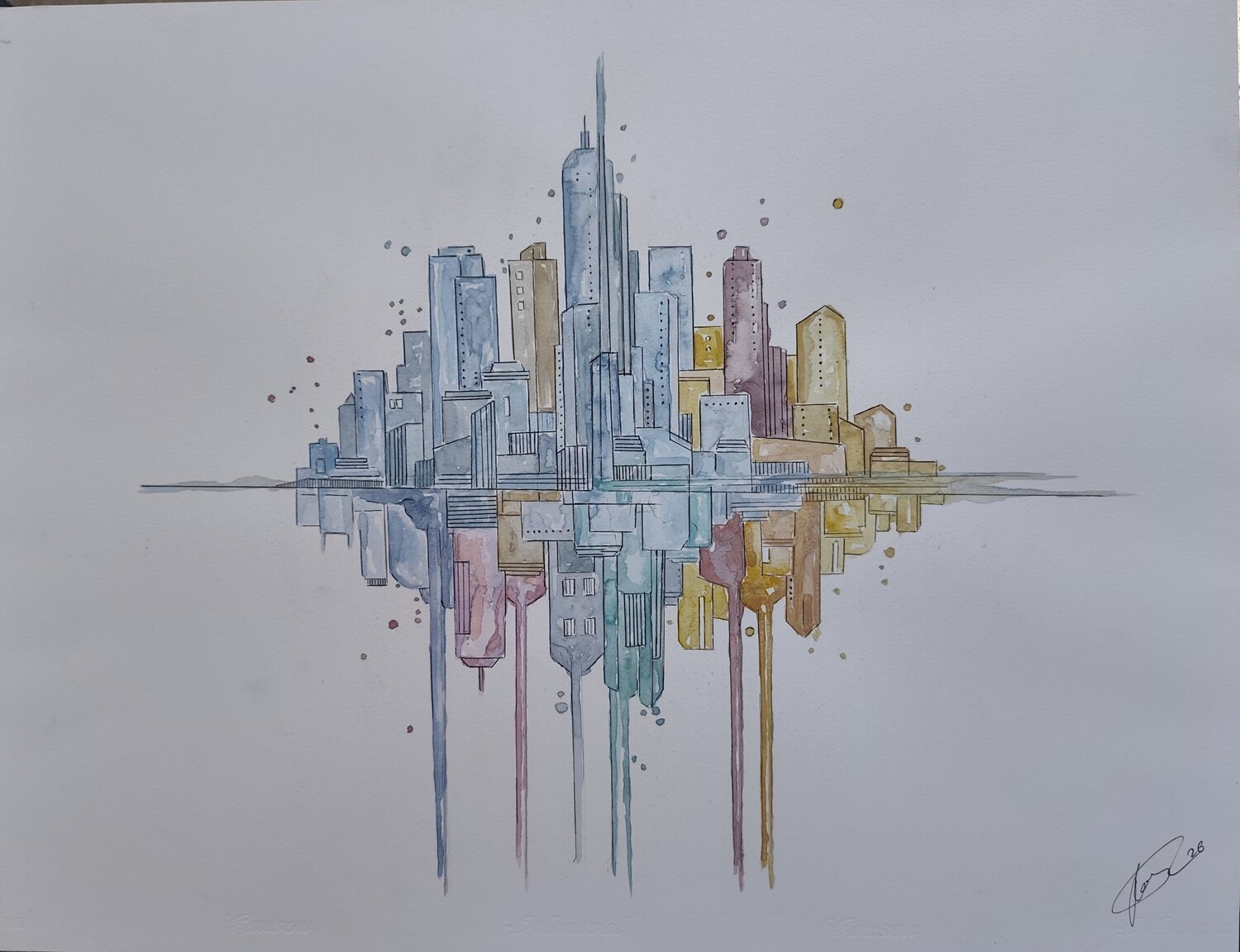 Metropolitan Echoes: The Fluid City o Architectural Reflection No. 1 Rosa Sebastia Original painting for sale