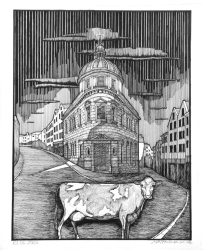 GUERNSEY | COW IN HIGH STREET by Natasha K. He, Drawing for Sale on Select