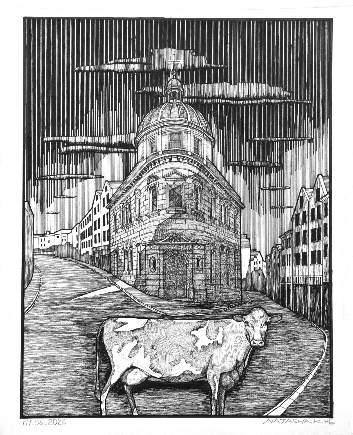 Guernsey | Cow In High Street Natasha K. He Drawing for sale