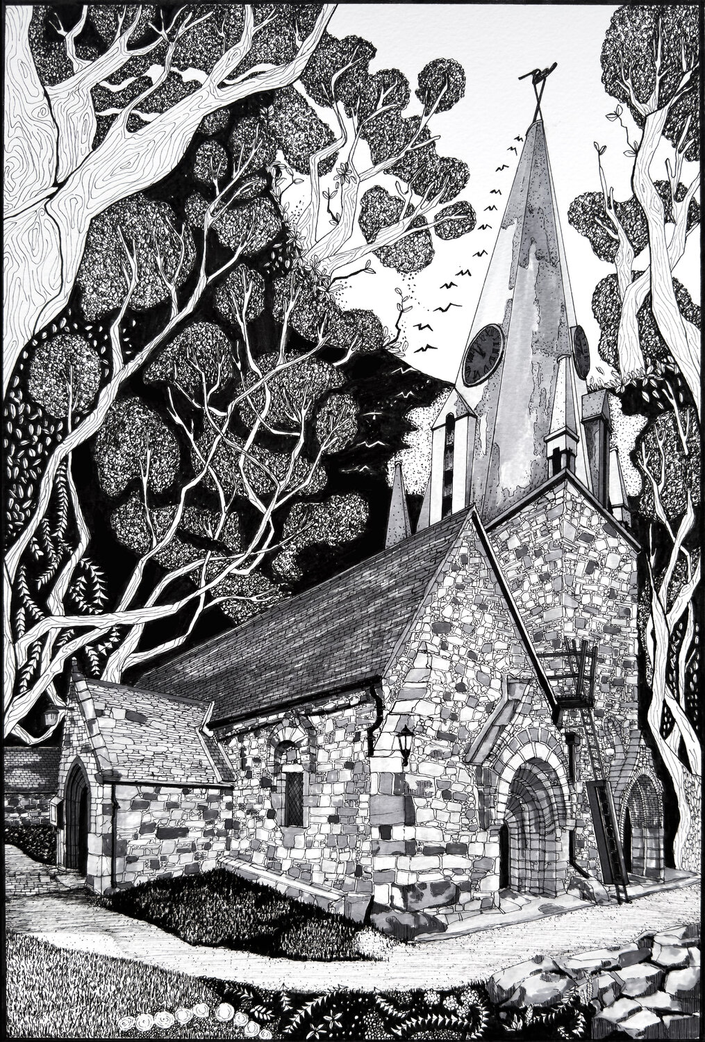 Guernsey | Vale Church Nighttime Natasha K. He Drawing for sale