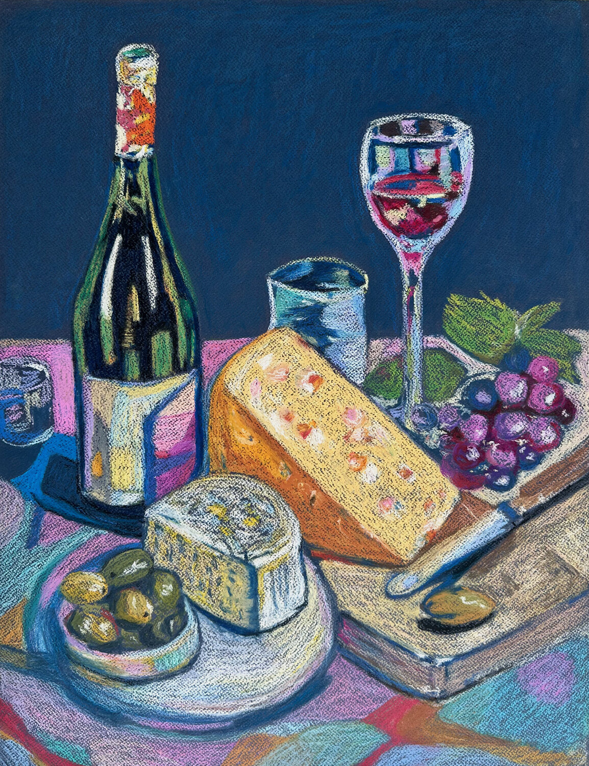 Wine and Cheese Still Life Alina Timoshenko Drawing for sale