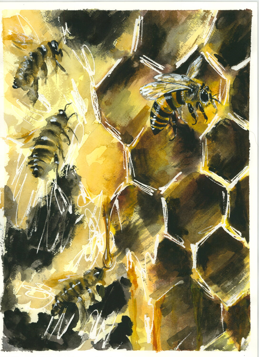Funciona así. Lo que no es bueno para la colmena, no es bueno para la abeja. | That’s how it works. What isn’t good for the hive isn’t good for the bee. Aurelia Feral Original painting for sale