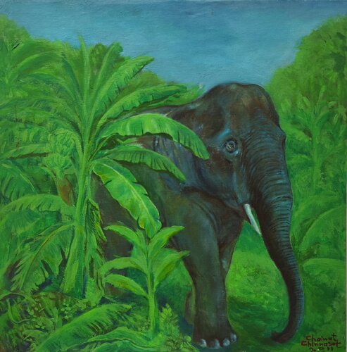 Elephants in the Wild by Chaiwat Chinnasot, Painting for Sale on Select