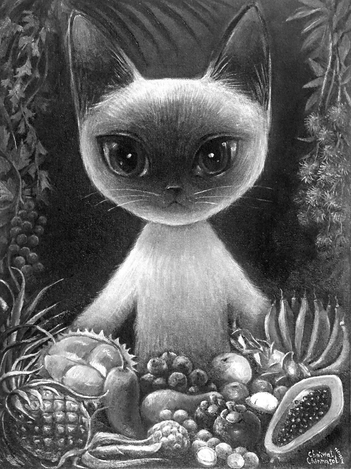 แมวและผลไม้ Chaiwat Chinnasot Original painting for sale