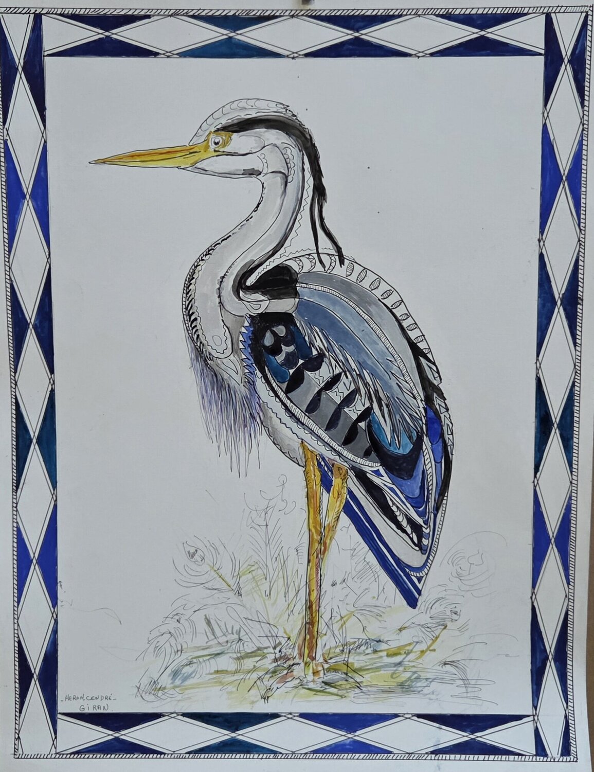 Héron Cendré Christiane Giran Drawing for sale