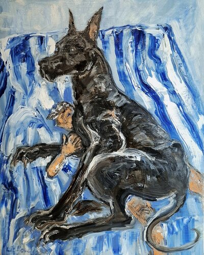 Sitting with Big Great Dane by Liz Lovell, Painting for Sale on Select