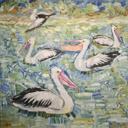 Pelican at the Beach Port Trieste by Liz Lovell, Painting for Sale on Select