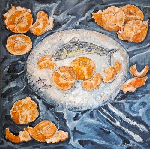 Mandarins on a fish platter by Liz Lovell, Painting for Sale on Select