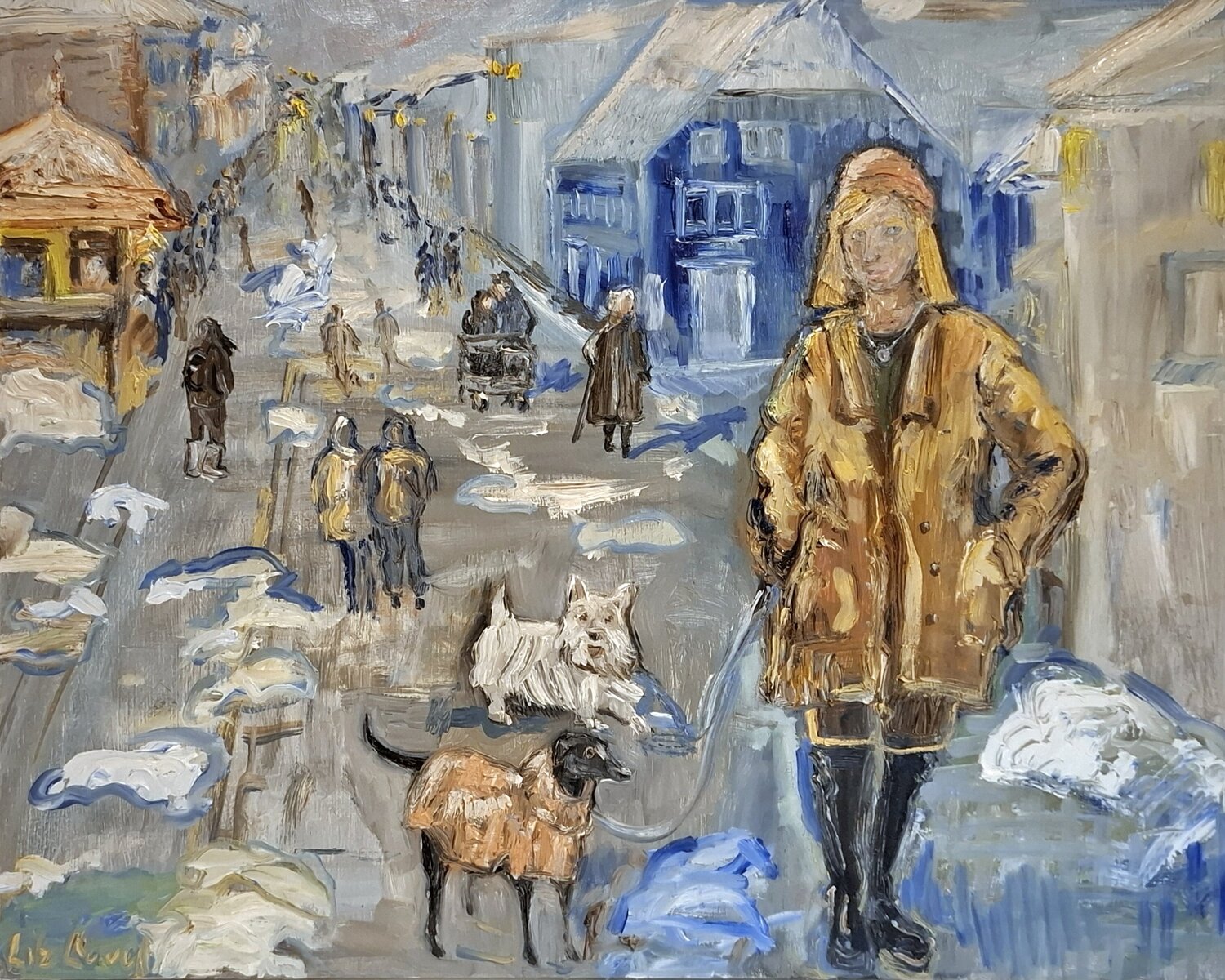 Walking Dogs in Tromso, Norway Liz Lovell Original painting for sale