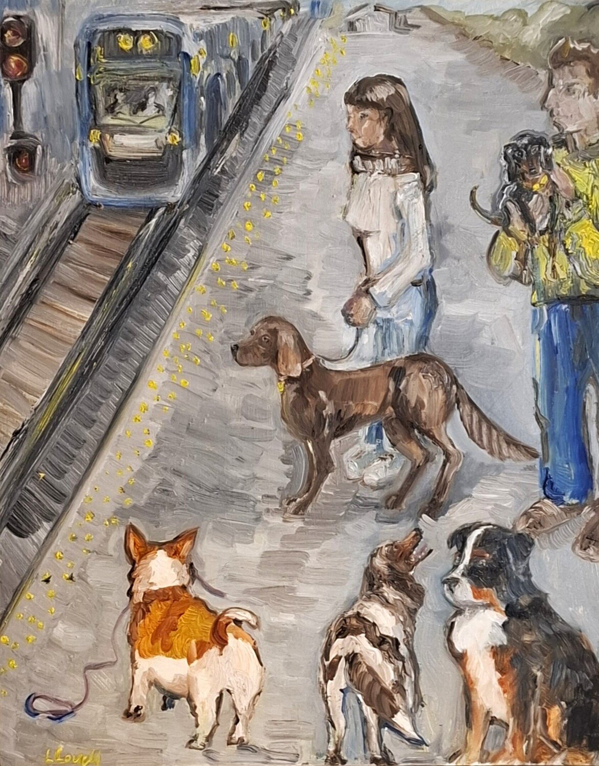 Dogs and People Out and About Liz Lovell Original painting for sale