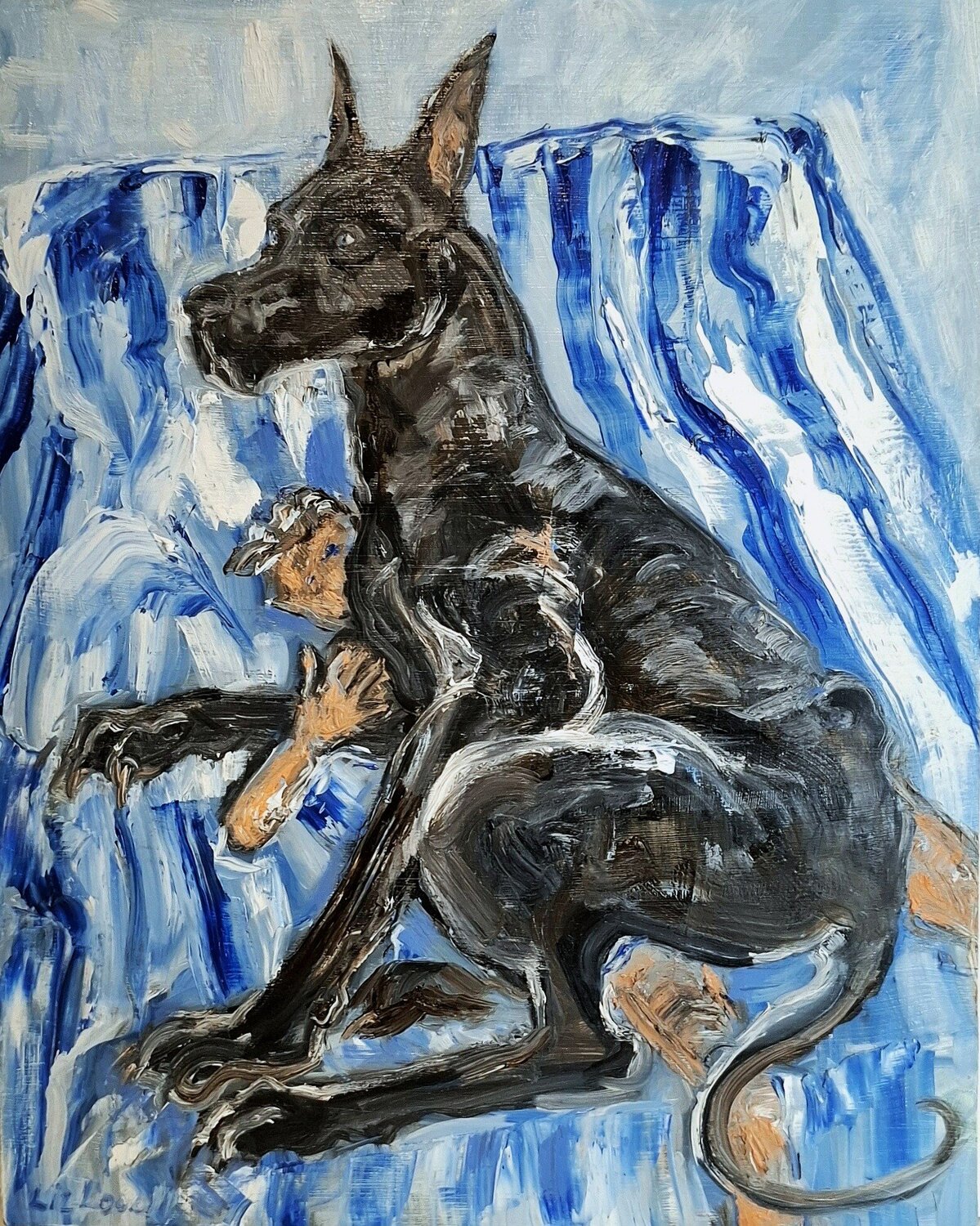 Sitting with Big Great Dane Liz Lovell Original painting for sale