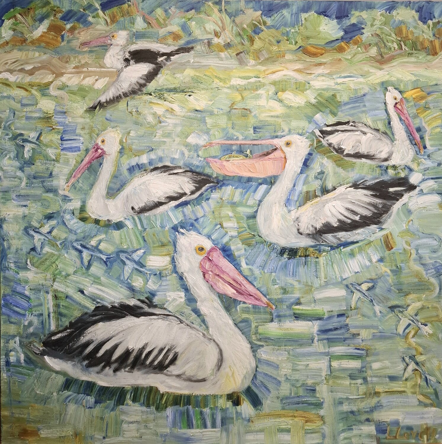 Pelican at the Beach Port Trieste Liz Lovell Original painting for sale