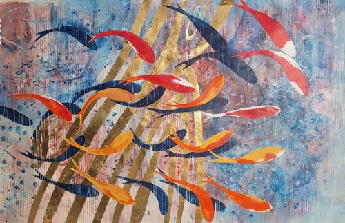 Koi fishes in gold by Frederica Henrieta Lecornu, Painting for Sale on Select