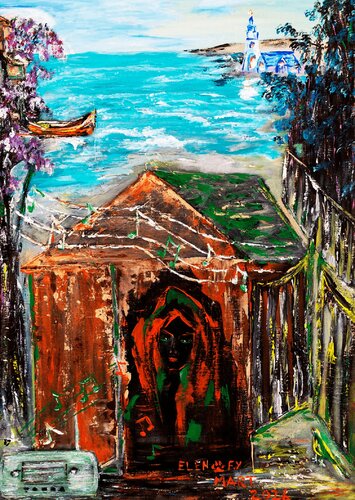 Red Woman in Cabin by Elen Fılız Yıldırım, Painting for Sale on Select