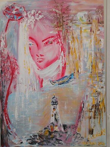 Dreams by the Sea: The Lighthouse by Elen Fılız Yıldırım, Painting for Sale on Select