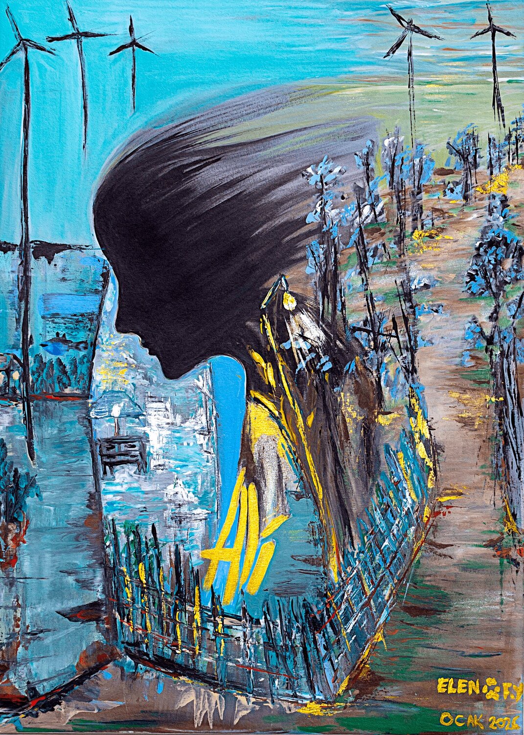 The Girl Swept Away by the Windmills Elen Fılız Yıldırım Original painting for sale