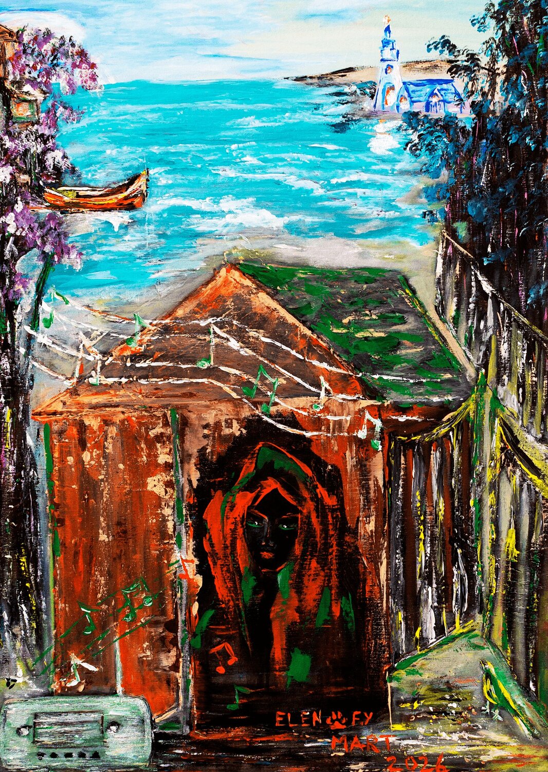 Red Woman in Cabin Elen Fılız Yıldırım Original painting for sale