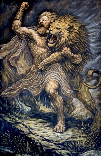 Samson and the Lion by Victor Ramos, Painting for Sale on Select