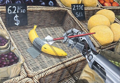 Humanoider Roboter malt Bild mit dem Titel "die letzte Banane der Welt?" by Günter Wideburg, Painting for Sale on Select