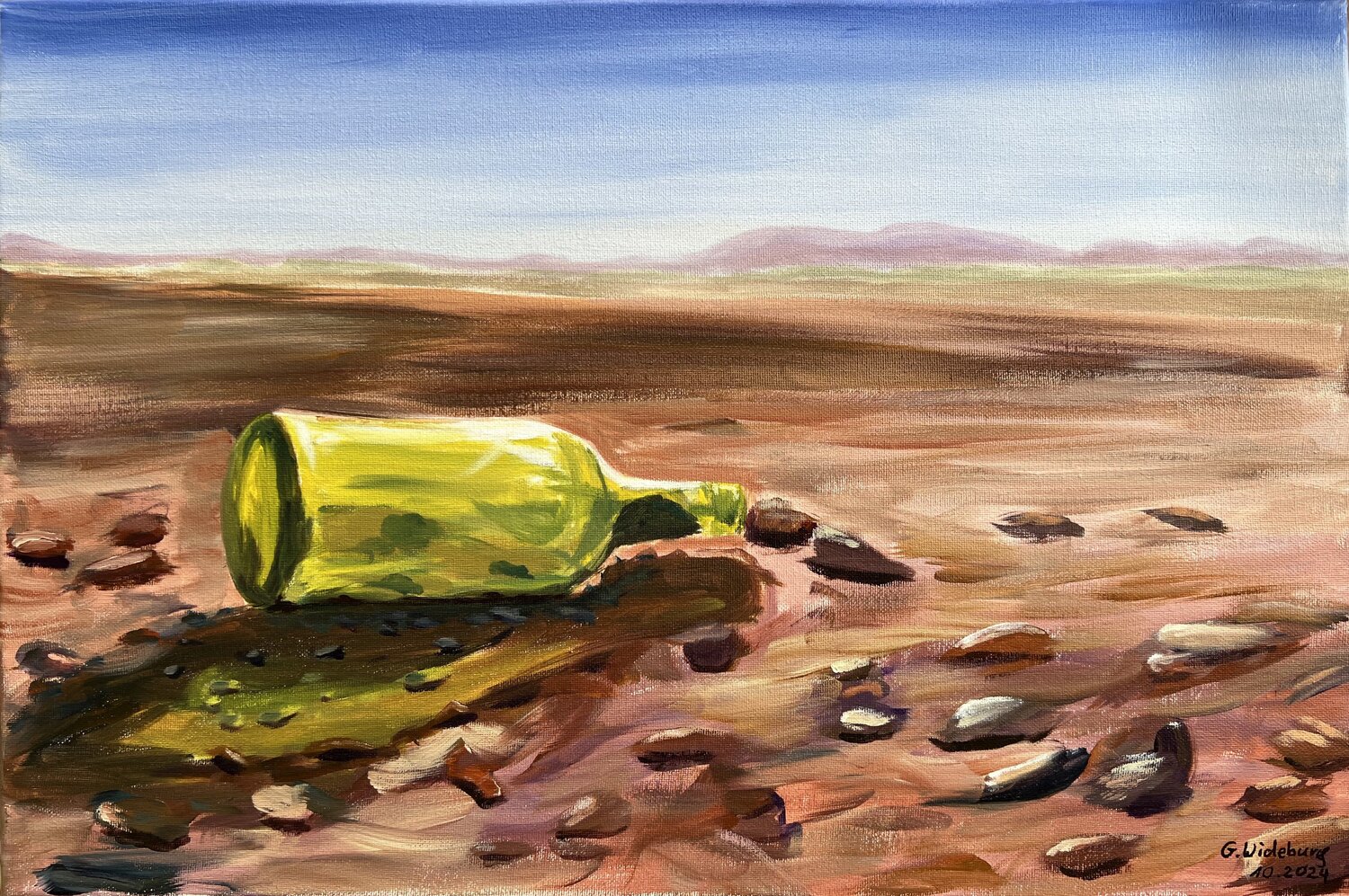 Wüste mit leerer Flasche Günter Wideburg Original painting for sale