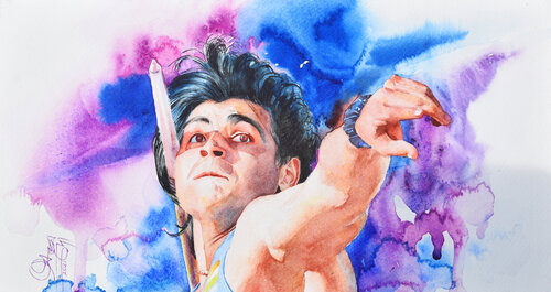 The Golden Flight – Neeraj Chopra at  Tokyo 2020 by Ajoy Dey, Painting for Sale on Select