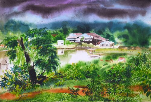 The Village on a Cloudy Day by Ajoy Dey, Painting for Sale on Select