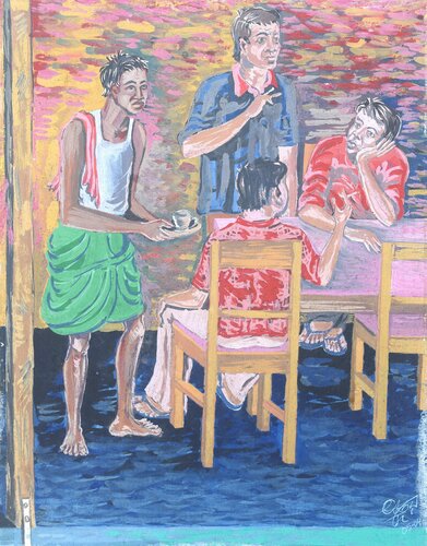 Over  a Cup of tea (Tea House i) by Ajoy Dey, Painting for Sale on Select