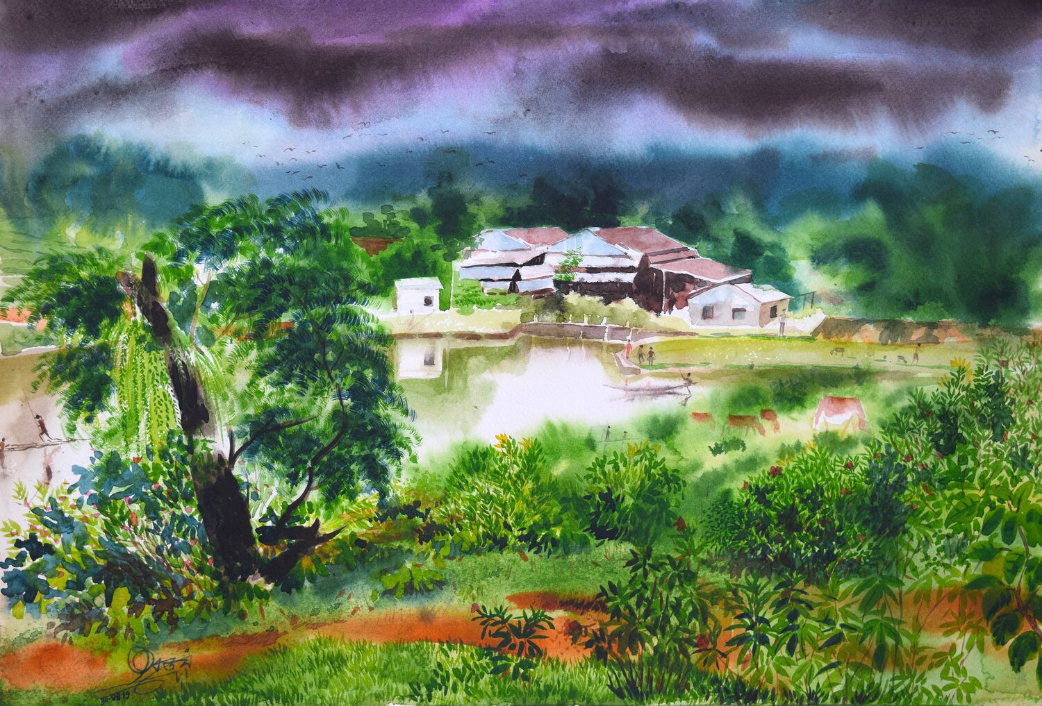 The Village on a Cloudy Day Ajoy Dey Original painting for sale