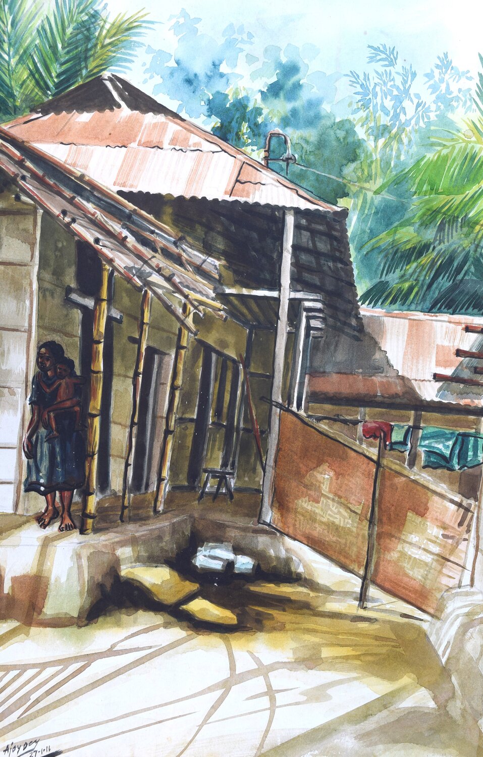 Echoes' of Rural Bengal Ajoy Dey Original painting for sale