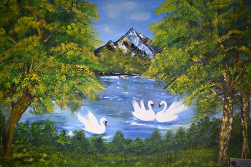 Three Swans on the Lake and Mountain View by Ozlem Karaer, Painting for Sale on Select