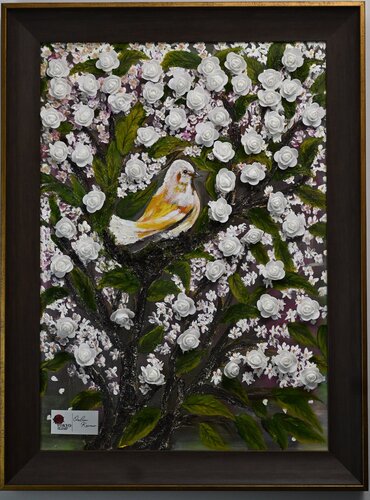 Bird and White Rose Tree by Ozlem Karaer, Painting for Sale on Select