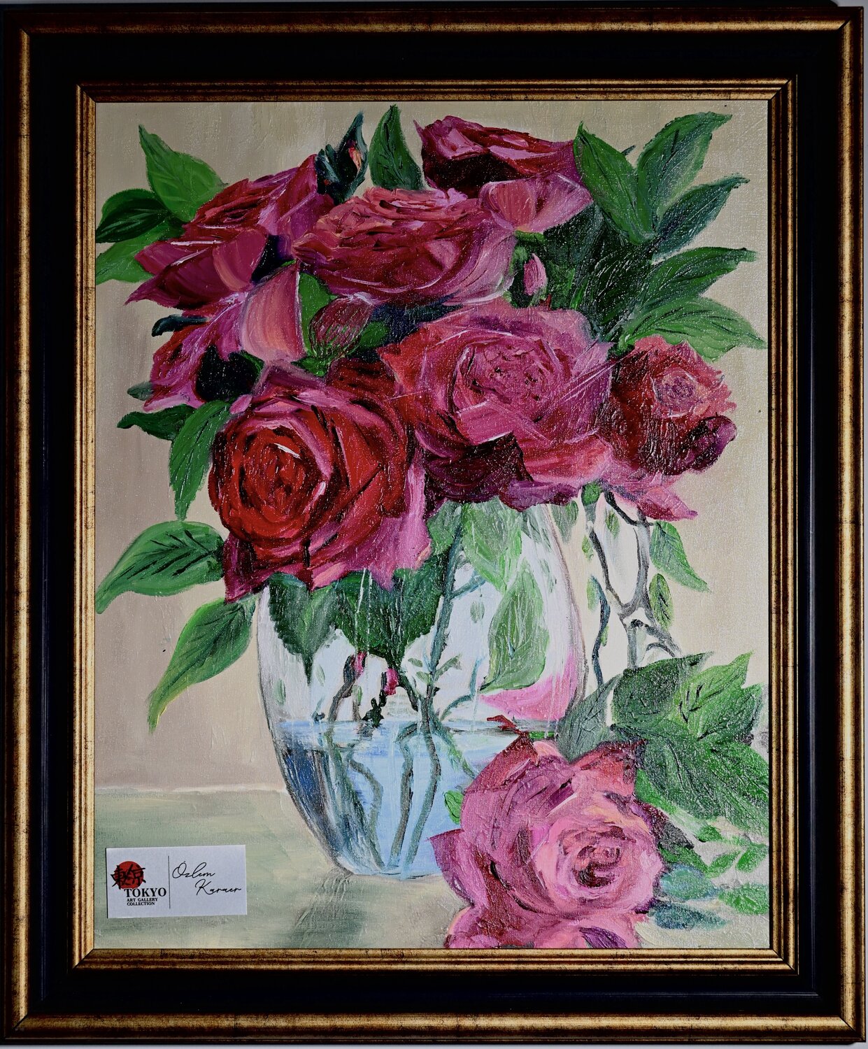 Roses in a transparent vase Ozlem Karaer Original painting for sale