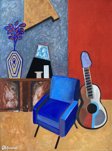 Interior con el sillón azul y la guitarra by Olga Afanasiadi, Painting for Sale on Select