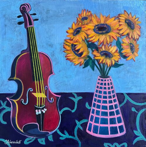 Bodegón con violín y girasoles von Olga Afanasiadi, Malerei kaufen auf Select