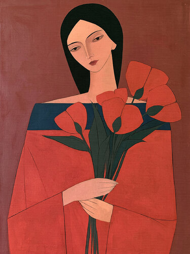 Woman with Red Poppies by Kosta Morr, Painting for Sale on Select