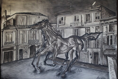 two skittish horses in the public square by Chiara Di Carlo, Painting for Sale on Select