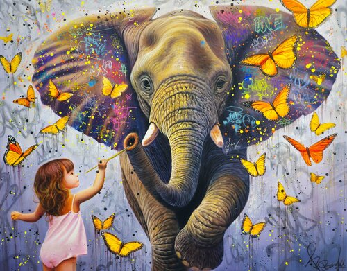 L'Éléphant aux Papillons by Vincent Bardou, Painting for Sale on Select
