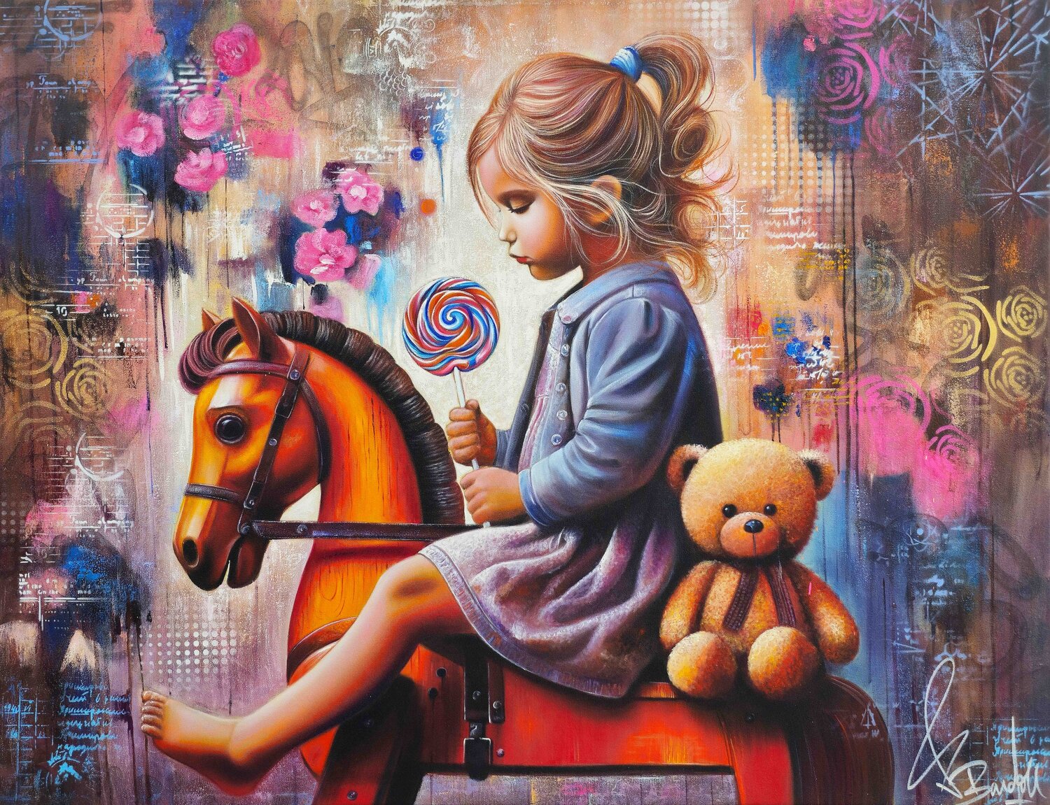 La fillette à la Sucette Sur Son Cheval Vincent Bardou Original painting for sale